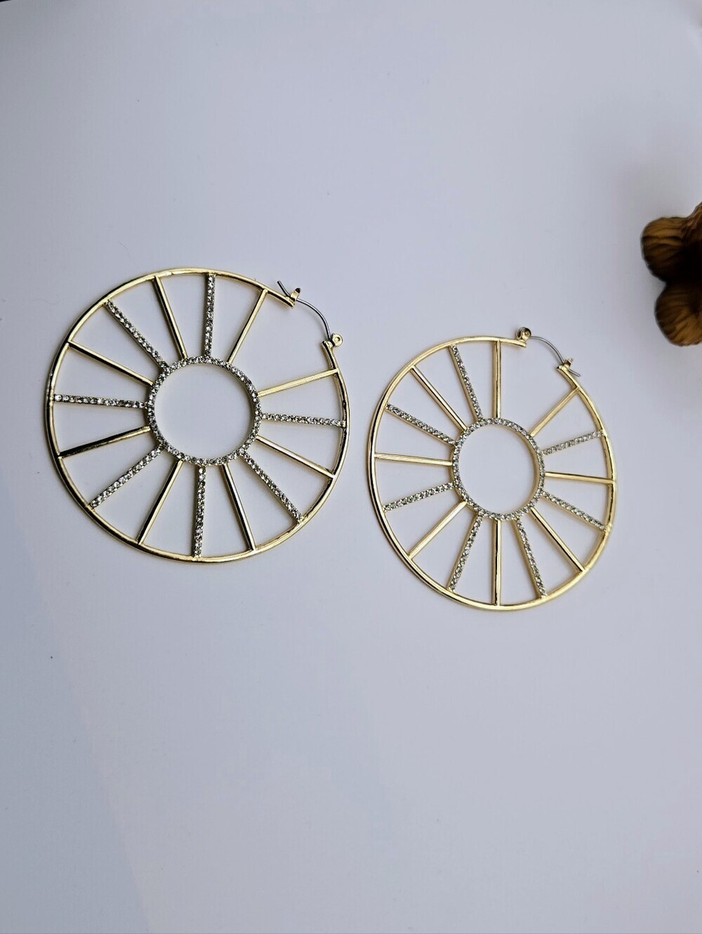 Fashion Jewelry Gold Hoop Sunburst Earrings with Crystal Accents - Picture 3 of 16